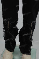 Black zipper embroidered cut denim Flare Jeans