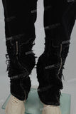Black zipper embroidered cut denim Flare Jeans