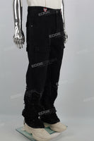 Black zipper embroidered cut denim Flare Jeans