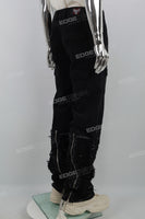 Black zipper embroidered cut denim Flare Jeans