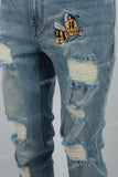 Blue old cut embroidered Stack Jeans