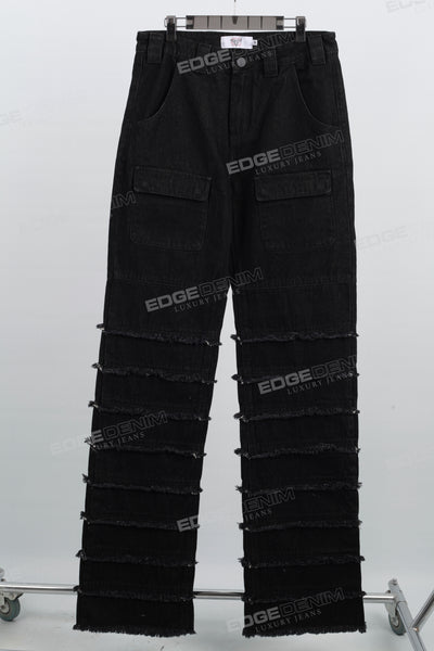 Black Layered Cut Raw Hem Flare Mans Cargo Jeans