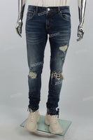 Blue Cut and Scratched Print Zip-Up Tie Mans Skinny Jeans