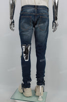 Blue Cut and Scratched Print Zip-Up Tie Mans Skinny Jeans