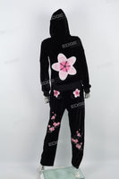 Peach Embroidered Black Velvet Tracksuit