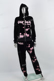 Peach Embroidered Black Velvet Tracksuit