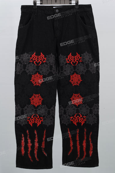 Black Embroidery Ripped Mans Cargo Jeans