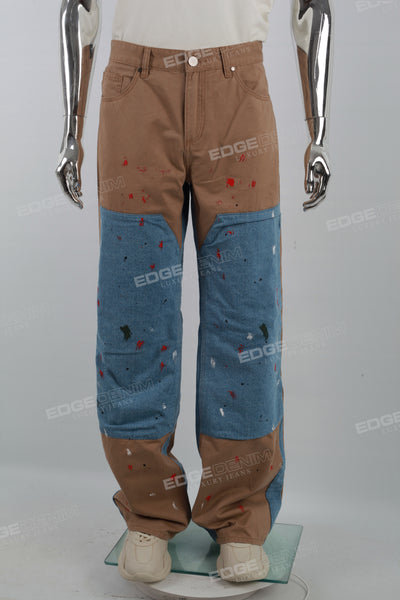 Khaki Patchwork Denim Double Knee Men Carpenter Jeans