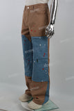 Khaki Patchwork Denim Double Knee Men Carpenter Jeans