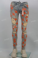 Blue Vintage Wash Orange Lightning Badge Ripped Mans Skinny