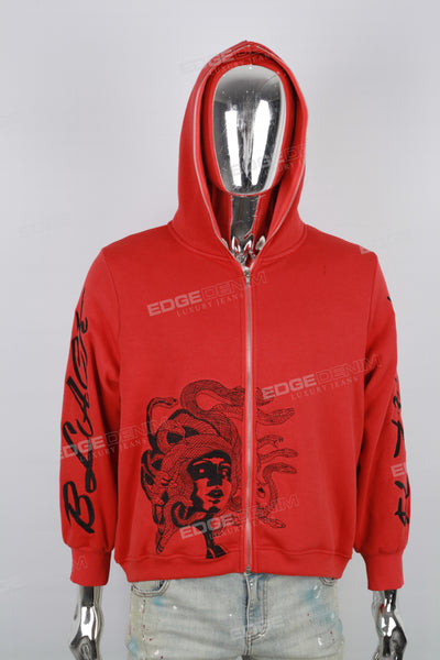 Red Dark Style Embroidered Full Zip Man Hoodies