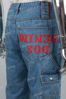 Red Printed Blue Men's Baggy Denim Cargo Pants