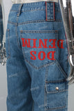 Red Printed Blue Men's Baggy Denim Cargo Pants