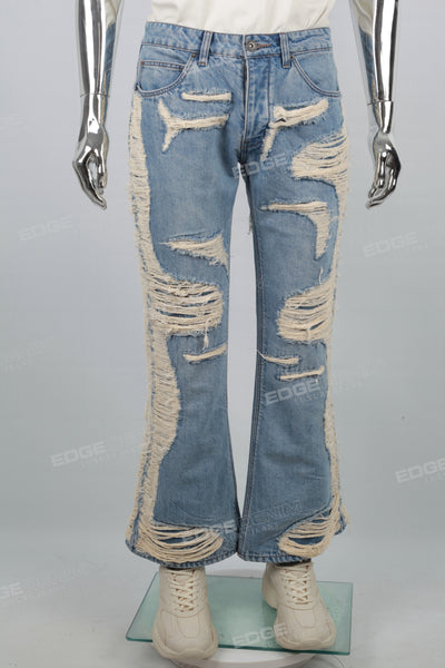 Heavy Ripped Blue Flared Jeans
