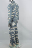 Heavily Ripped Stitching Blue Flared Denim Jacket & Jeans Set