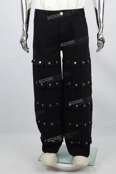 Multi-Pocket Black Denim Baggy Cargo Pants