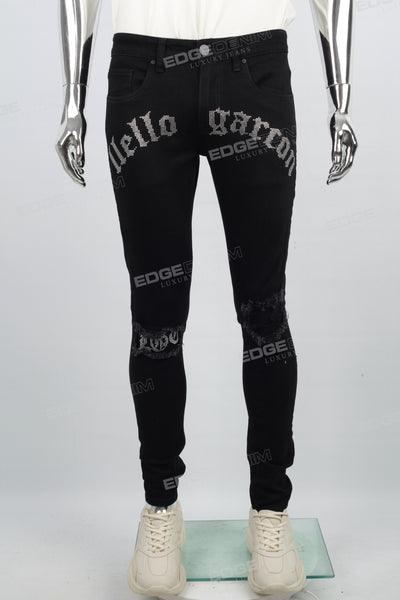 Black Ripped Skinny Men's Jeans With Rhinestones