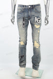 Men's Blue Distressed Washed Printed Patch Flared Jeans