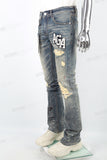 Men's Blue Distressed Washed Printed Patch Flared Jeans