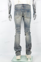 Men's Blue Distressed Washed Printed Patch Flared Jeans