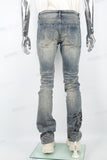 Men's Blue Distressed Washed Printed Patch Flared Jeans