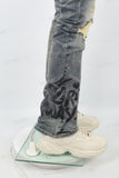 Men's Blue Distressed Washed Printed Patch Flared Jeans