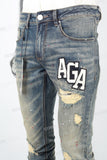 Men's Blue Distressed Washed Printed Patch Flared Jeans