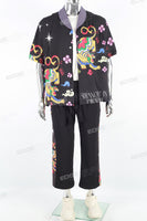 Men's Printed Black Vacation Short Sleeve Shirt Pants Set