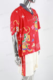 Men's Printed Red Vacation Short Sleeve Shirt White Shorts Set