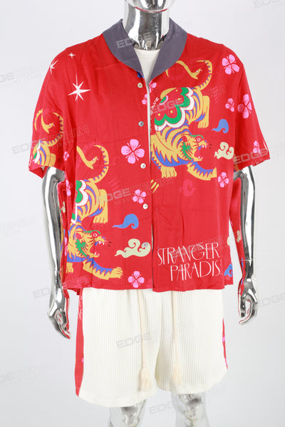 Men's Printed Red Vacation Short Sleeve Shirt White Shorts Set