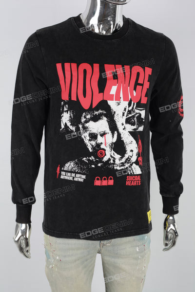 Men's Distressed Washed Black Printed T-Shirt