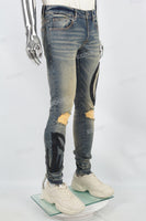 Men's Blue Ripped Jeans with Black Leather Patch