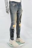 Men's Blue Ripped Jeans with Black Leather Patch