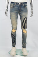 Men's Blue Ripped Jeans with Black Leather Patch