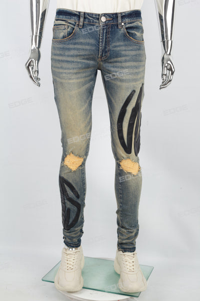 Men's Blue Ripped Jeans with Black Leather Patch