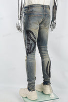 Men's Blue Ripped Jeans with Black Leather Patch