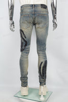 Men's Blue Ripped Jeans with Black Leather Patch