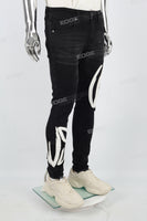 Men's Black Ripped Jeans with White Leather Patch