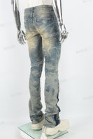 Men's laser printed distressed washed patch blue stacked jeans