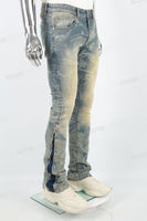 Men's laser printed distressed washed patch blue stacked jeans