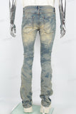 Men's laser printed distressed washed patch blue stacked jeans