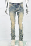 Men's laser printed distressed washed patch blue stacked jeans