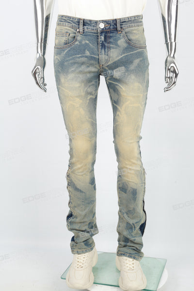 Men's laser printed distressed washed patch blue stacked jeans