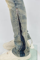 Men's laser printed distressed washed patch blue stacked jeans