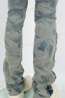 Men's laser printed distressed washed patch blue stacked jeans