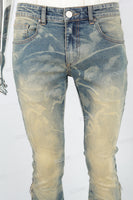 Men's laser printed distressed washed patch blue stacked jeans