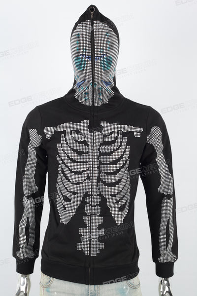 Men's Rhinestone Hooded Zip Black Knitted Jacket