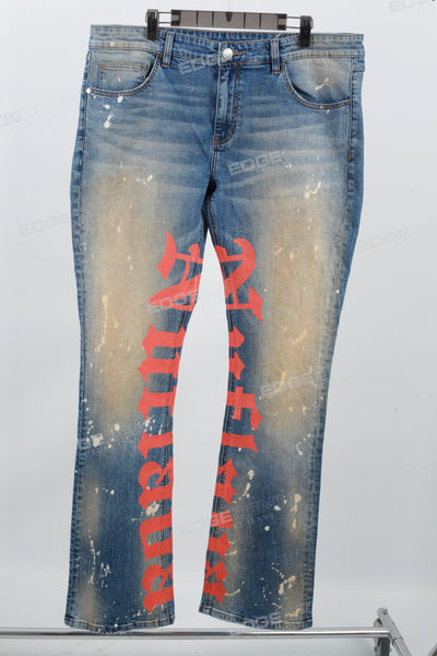Men's Distressed Printed Blue Denim Flare Pants