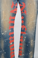 Men's Distressed Printed Blue Denim Flare Pants