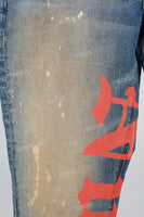 Men's Distressed Printed Blue Denim Flare Pants